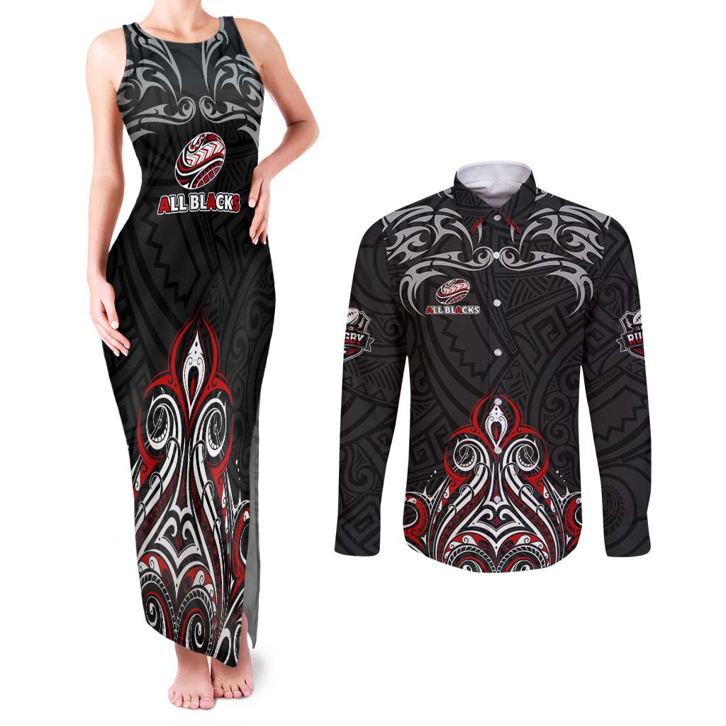 All Black NZL Rugby Champions Couples Matching Tank Maxi Dress and Long Sleeve Button Shirt Maori Warrior DT02 Black - Polynesian Pride