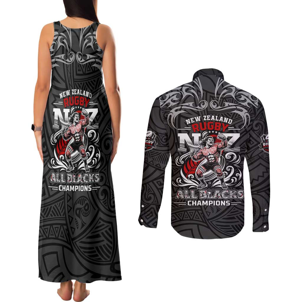 All Black NZL Rugby Champions Couples Matching Tank Maxi Dress and Long Sleeve Button Shirt Maori Warrior DT02 - Polynesian Pride