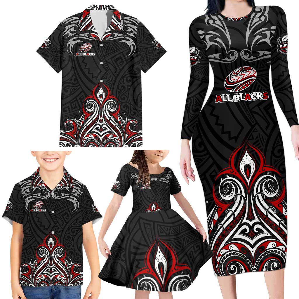 All Black NZL Rugby Champions Family Matching Long Sleeve Bodycon Dress and Hawaiian Shirt Maori Warrior DT02 - Polynesian Pride