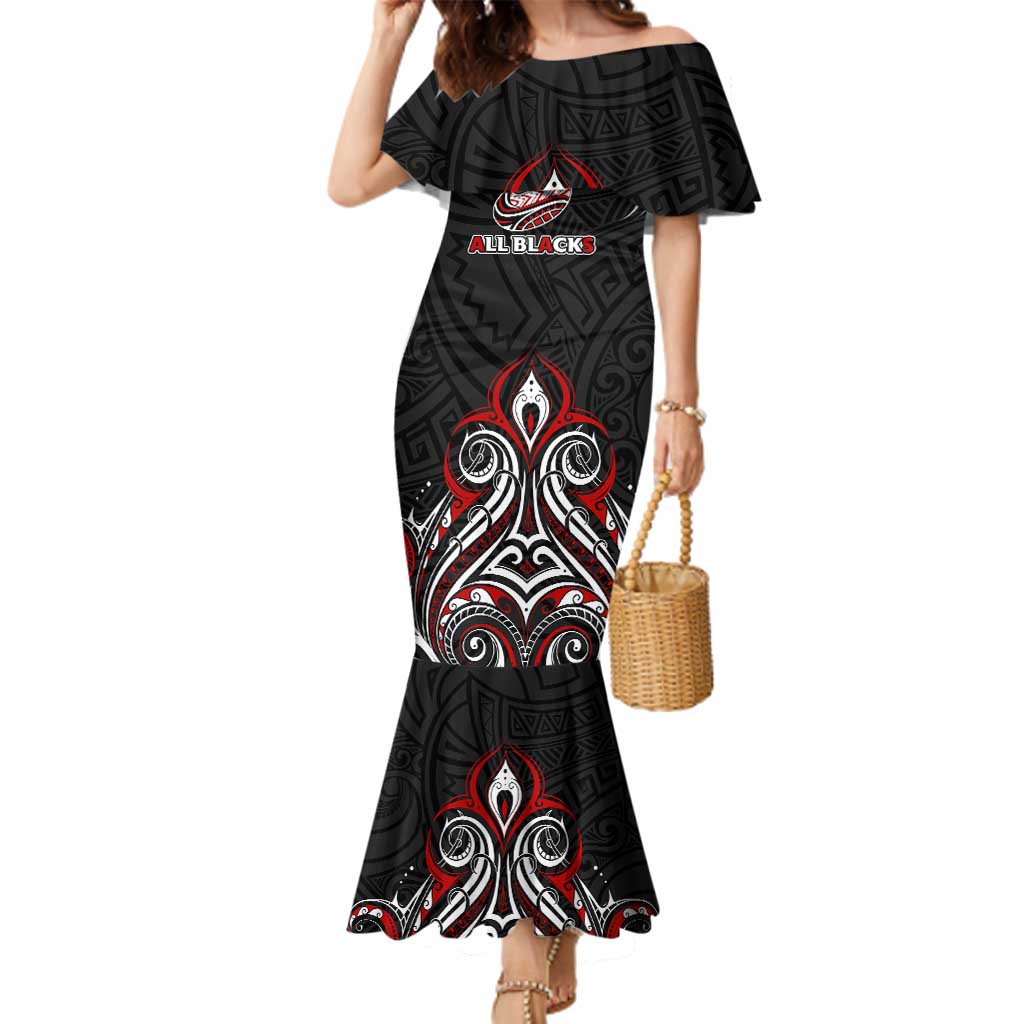 All Black NZL Rugby Champions Family Matching Mermaid Dress and Hawaiian Shirt Maori Warrior