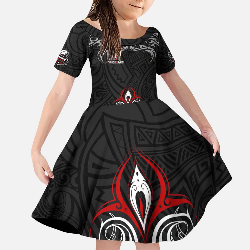 All Black NZL Rugby Champions Family Matching Puletasi and Hawaiian Shirt Maori Warrior DT02 Daughter's Dress Black - Polynesian Pride