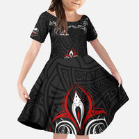 All Black NZL Rugby Champions Family Matching Puletasi and Hawaiian Shirt Maori Warrior DT02 Daughter's Dress Black - Polynesian Pride