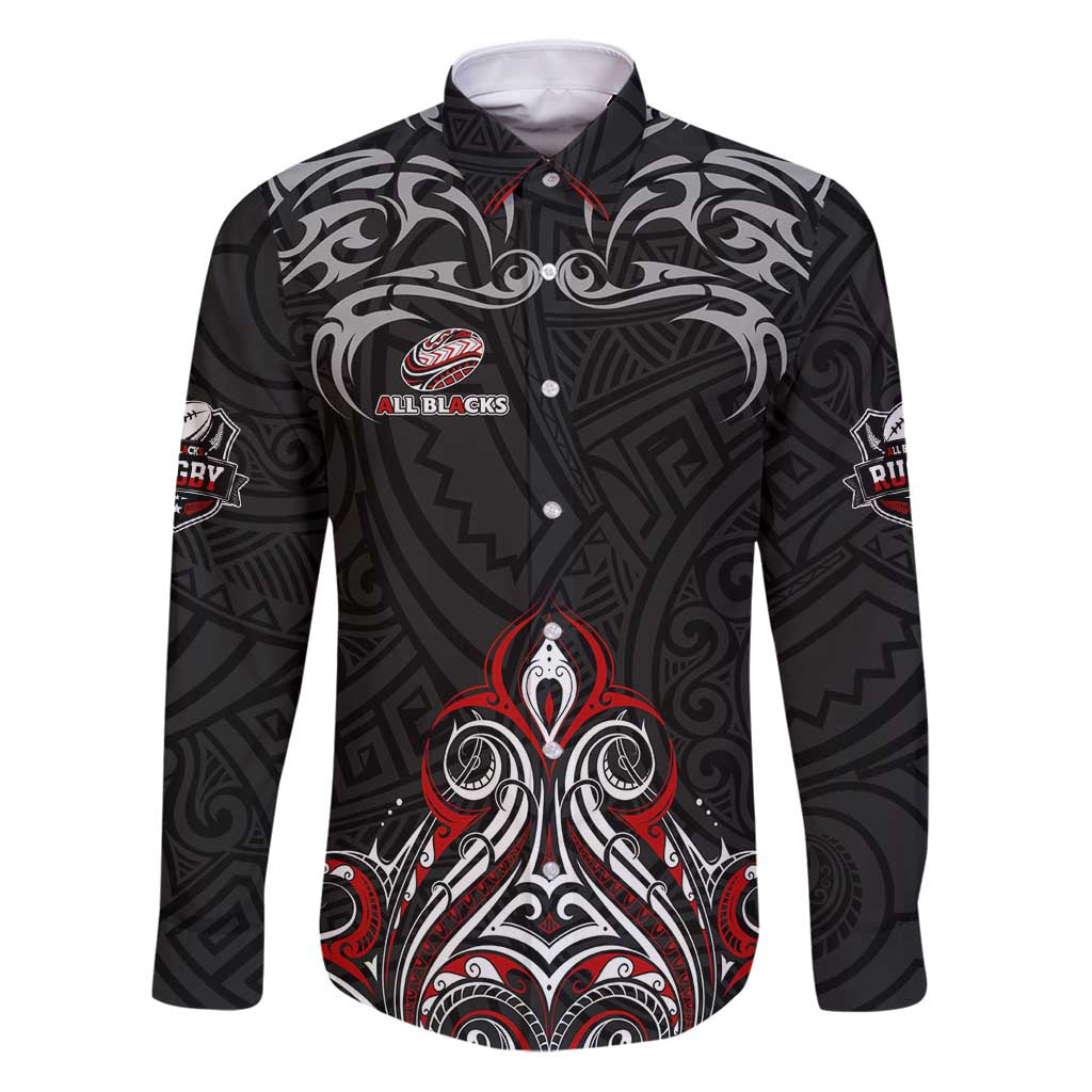 All Black NZL Rugby Champions Family Matching Puletasi and Hawaiian Shirt Maori Warrior DT02 Dad's Shirt - Long Sleeve Black - Polynesian Pride