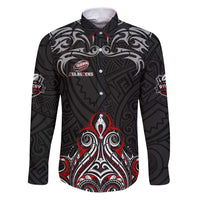 All Black NZL Rugby Champions Family Matching Puletasi and Hawaiian Shirt Maori Warrior DT02 Dad's Shirt - Long Sleeve Black - Polynesian Pride