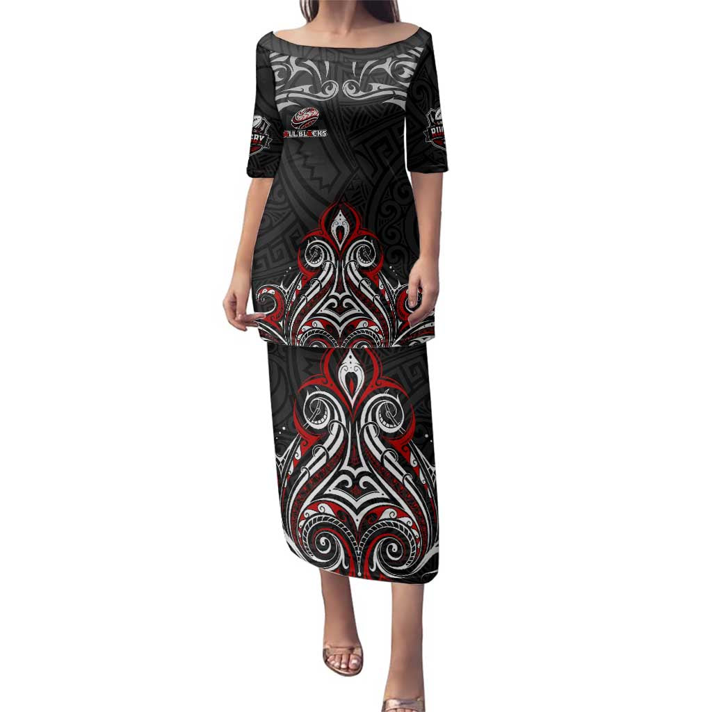 All Black NZL Rugby Champions Family Matching Puletasi and Hawaiian Shirt Maori Warrior DT02 Mom's Dress Black - Polynesian Pride