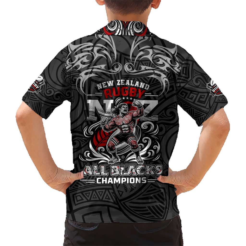 All Black NZL Rugby Champions Family Matching Short Sleeve Bodycon Dress and Hawaiian Shirt Maori Warrior DT02 - Polynesian Pride