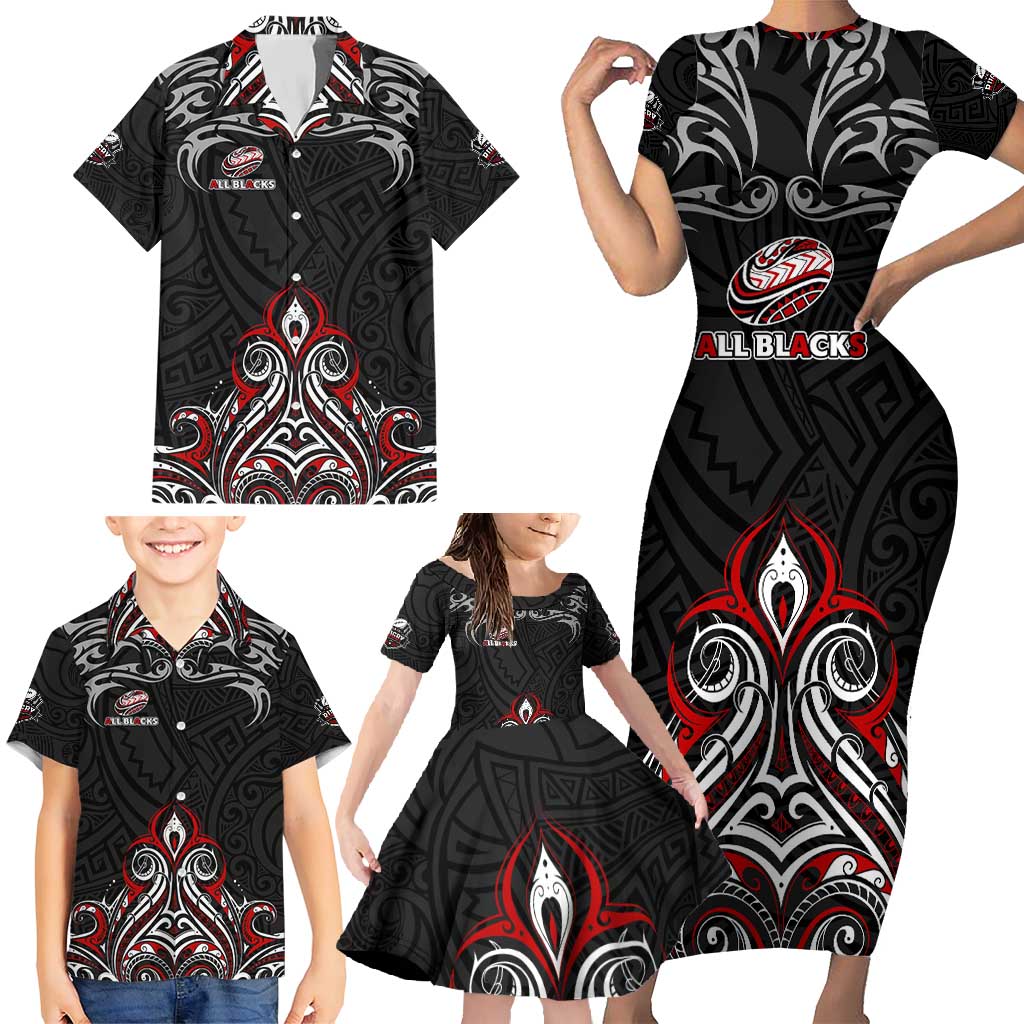 All Black NZL Rugby Champions Family Matching Short Sleeve Bodycon Dress and Hawaiian Shirt Maori Warrior DT02 - Polynesian Pride