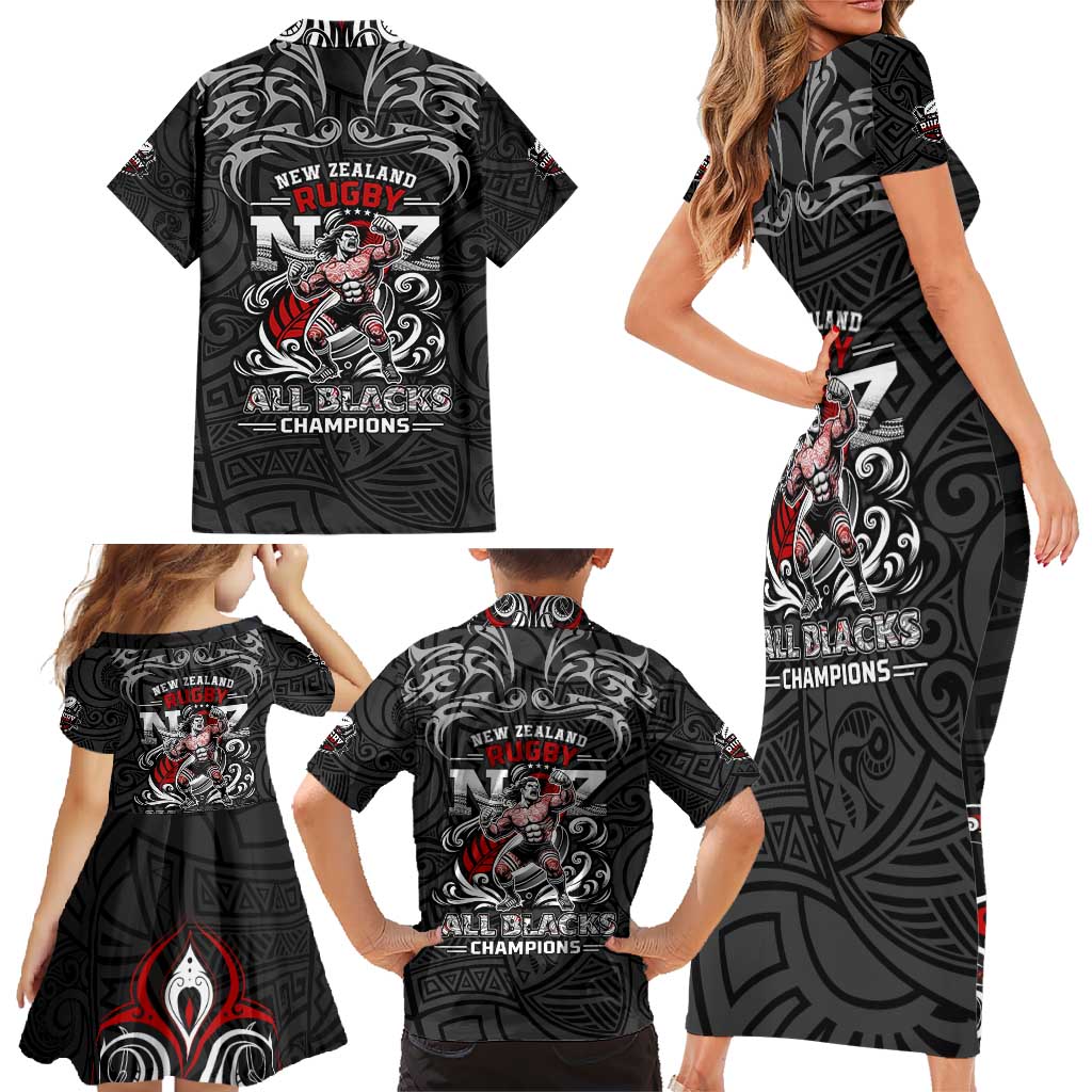 All Black NZL Rugby Champions Family Matching Short Sleeve Bodycon Dress and Hawaiian Shirt Maori Warrior DT02 - Polynesian Pride