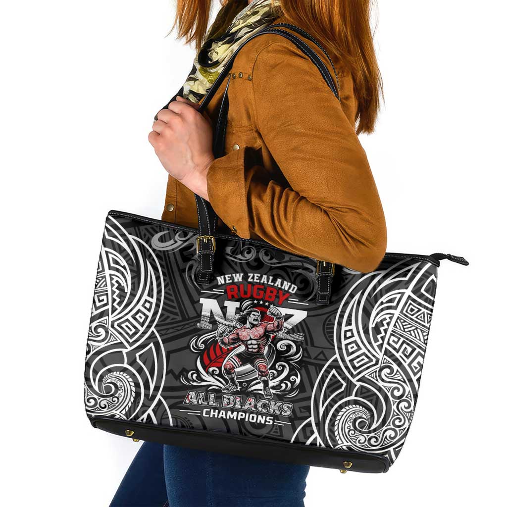 All Black NZL Rugby Champions Leather Tote Bag Maori Warrior DT02 Black - Polynesian Pride
