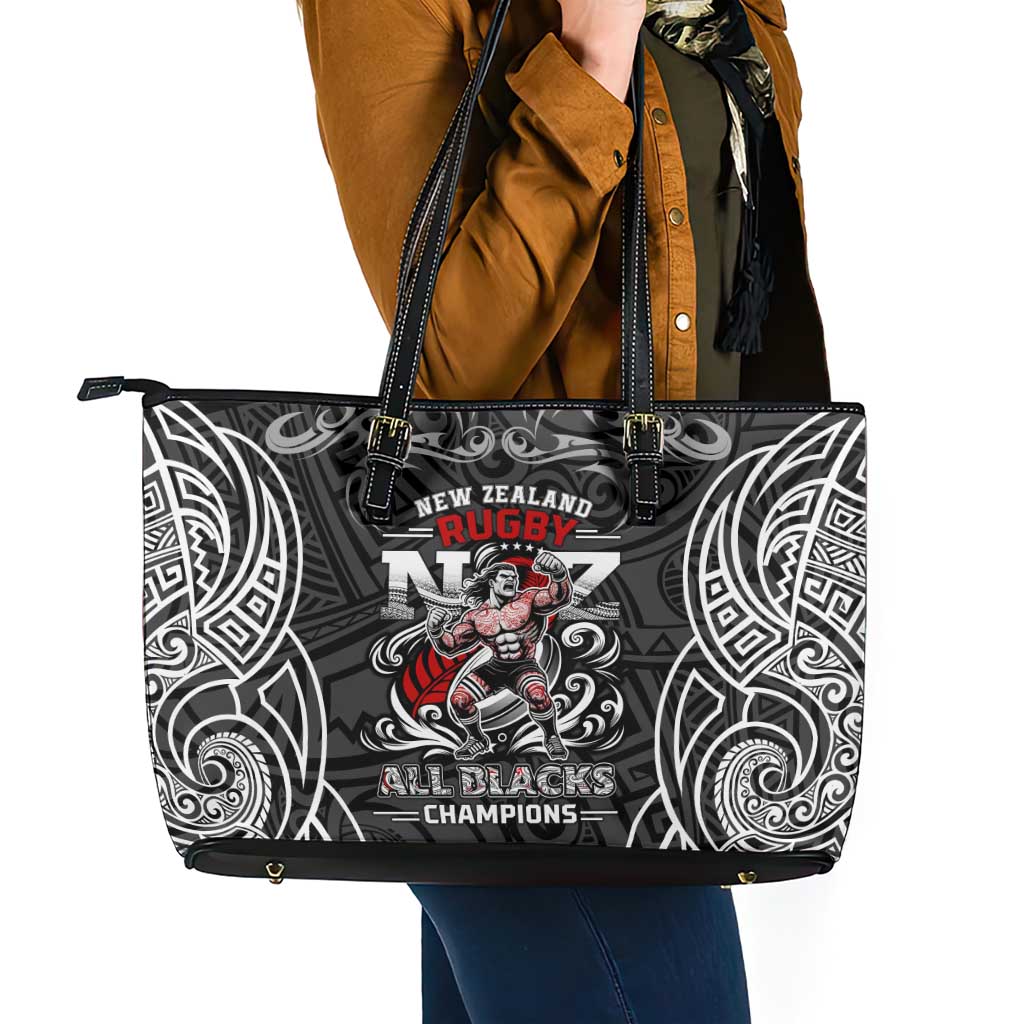 All Black NZL Rugby Champions Leather Tote Bag Maori Warrior DT02 - Polynesian Pride
