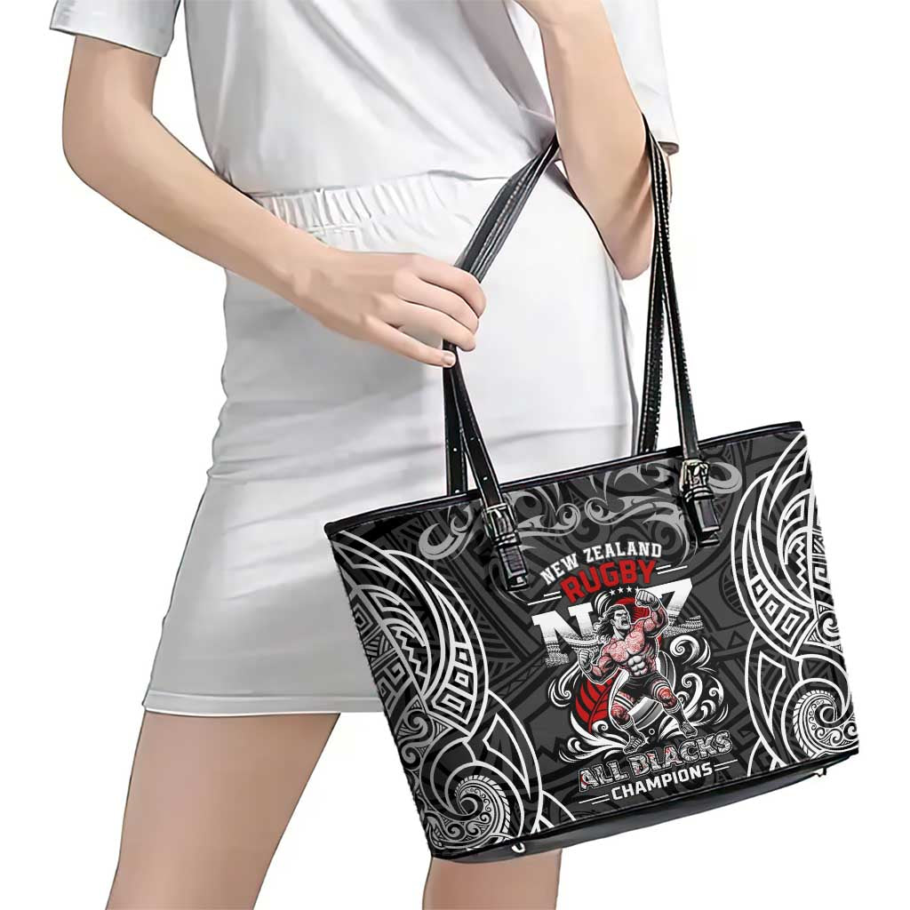 All Black NZL Rugby Champions Leather Tote Bag Maori Warrior DT02 - Polynesian Pride