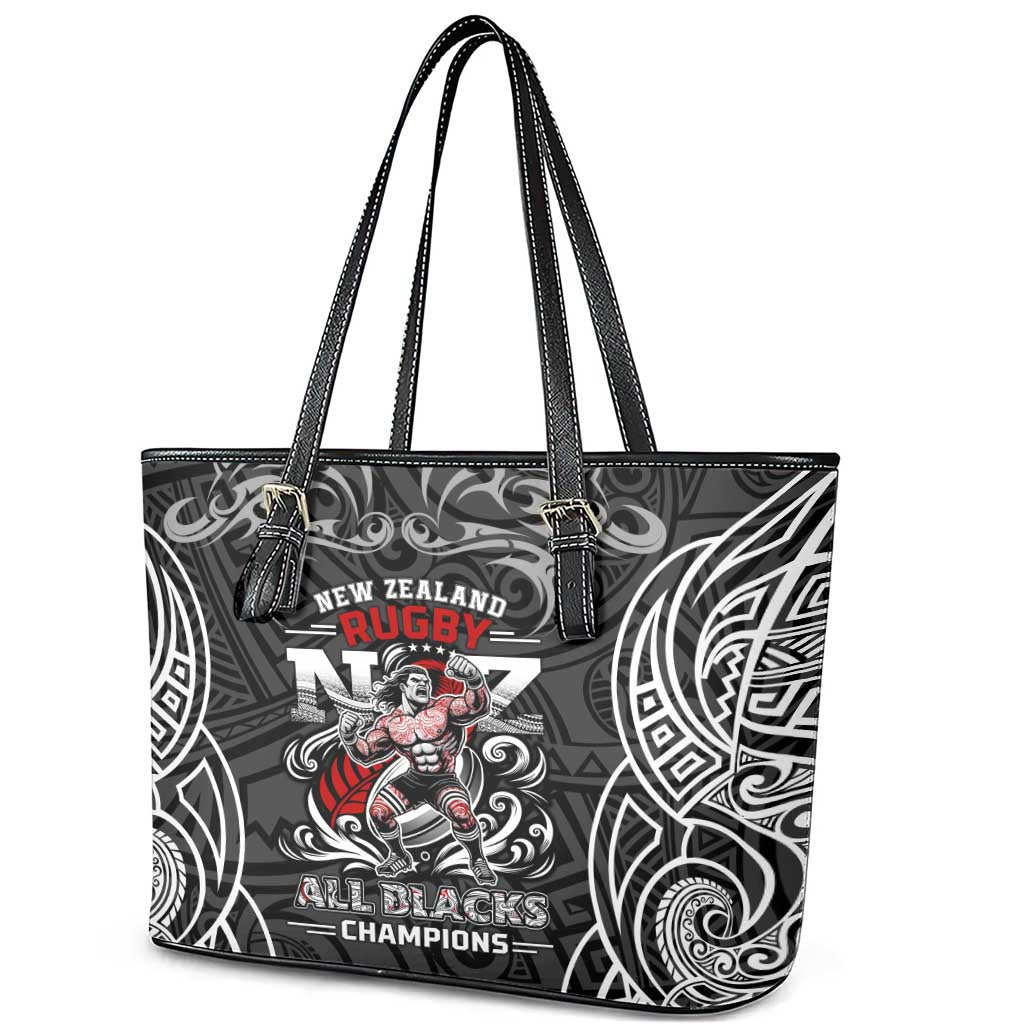 All Black NZL Rugby Champions Leather Tote Bag Maori Warrior DT02 - Polynesian Pride