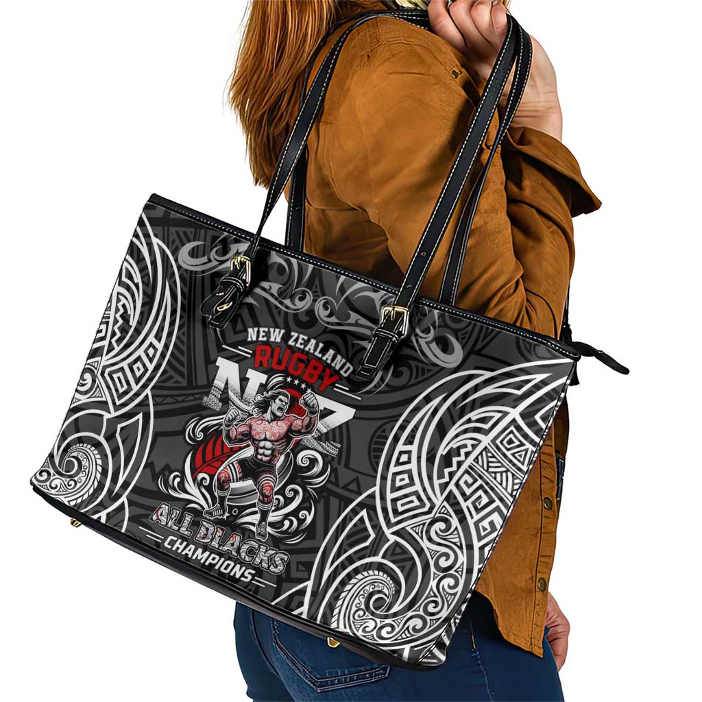 All Black NZL Rugby Champions Leather Tote Bag Maori Warrior DT02 - Polynesian Pride