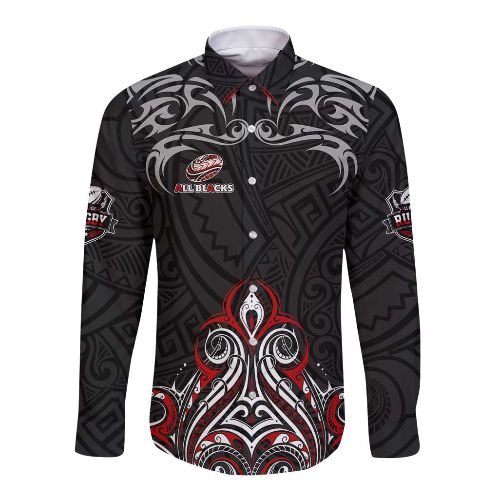 All Black NZL Rugby Champions Long Sleeve Button Shirt Maori Warrior DT02 Unisex Black - Polynesian Pride