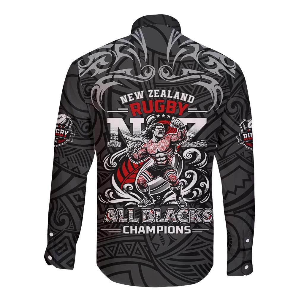 All Black NZL Rugby Champions Long Sleeve Button Shirt Maori Warrior DT02 - Polynesian Pride