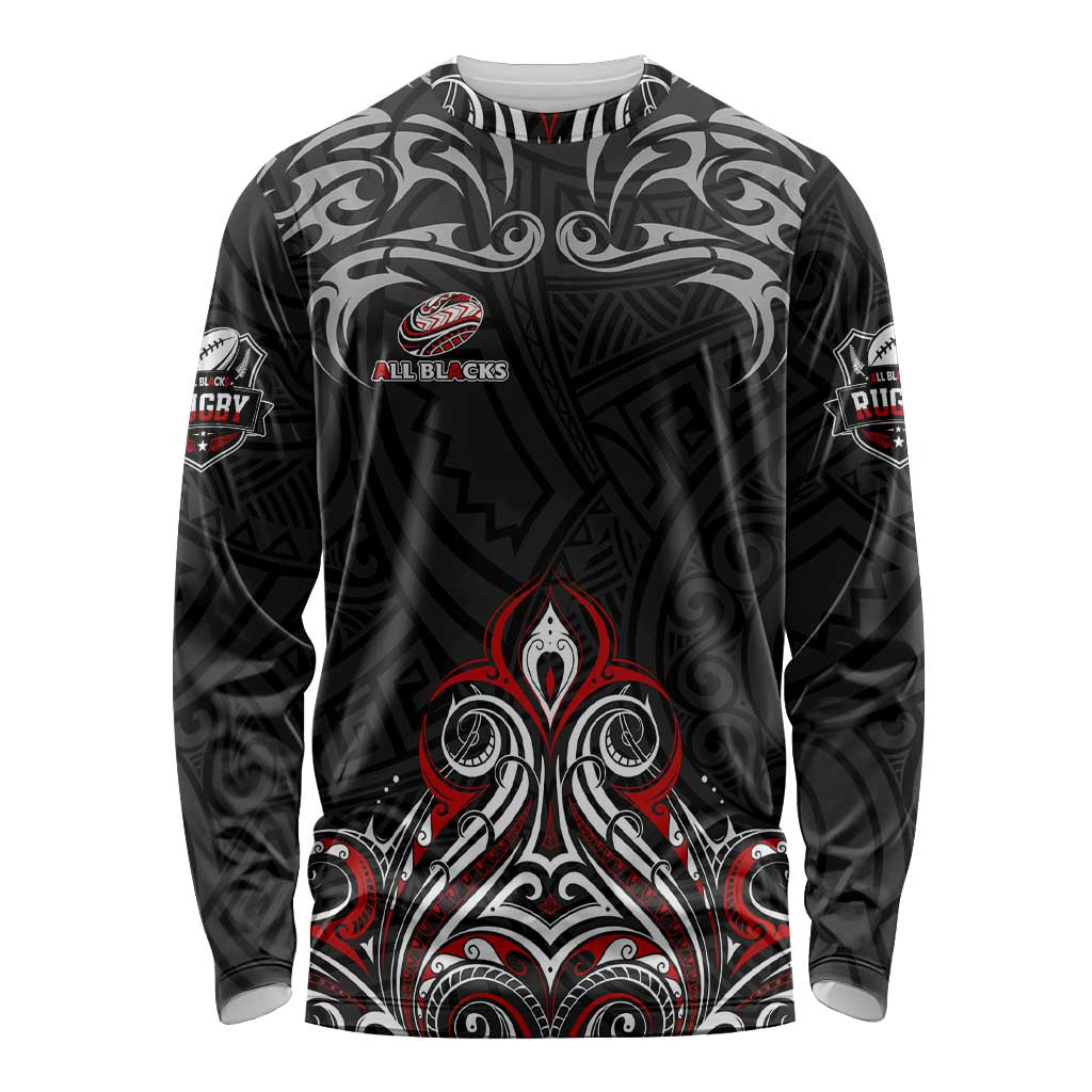 All Black NZL Rugby Champions Long Sleeve Shirt Maori Warrior DT02 Unisex Black - Polynesian Pride