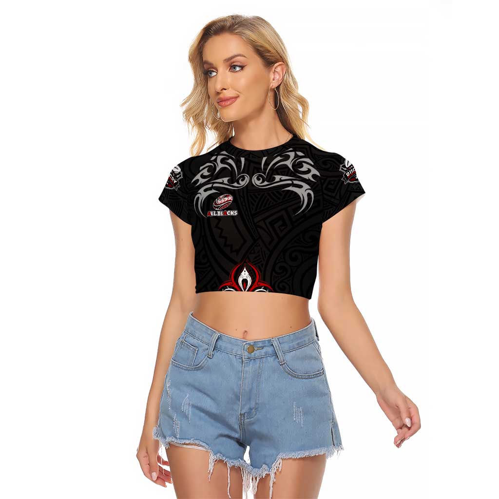 All Black NZL Rugby Champions Raglan Cropped T Shirt Maori Warrior DT02 Female Black - Polynesian Pride