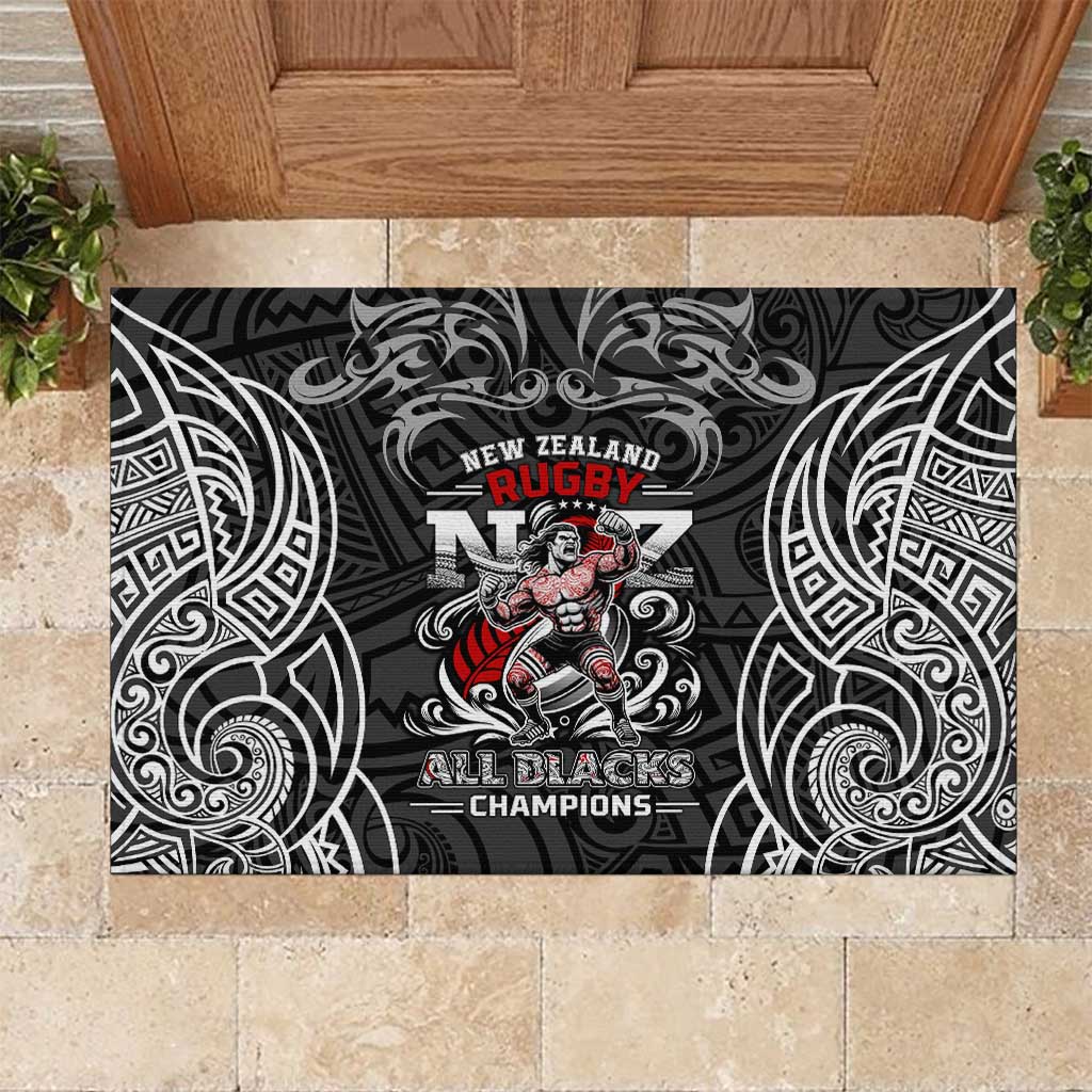 All Black NZL Rugby Champions Rubber Doormat Maori Warrior DT02 Black - Polynesian Pride