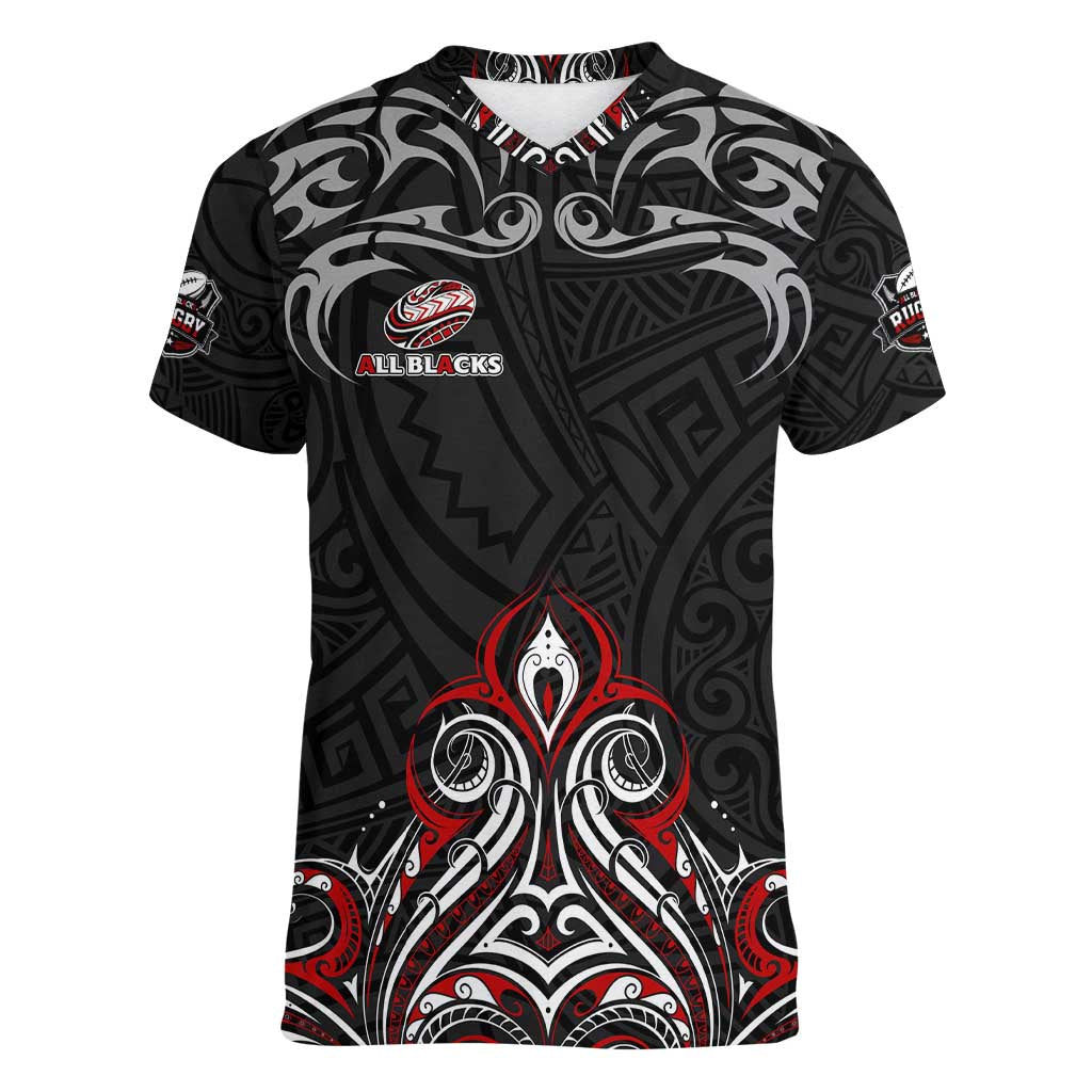 All Black NZL Rugby Champions Women V-Neck T-Shirt Maori Warrior DT02 Female Black - Polynesian Pride