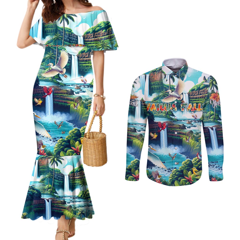 Wailua Falls Hawaii Couples Matching Mermaid Dress and Long Sleeve Button Shirt Kauai Natural Beauty