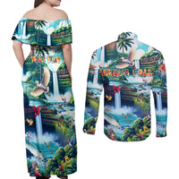 Wailua Falls Hawaii Couples Matching Off Shoulder Maxi Dress and Long Sleeve Button Shirt Kauai Natural Beauty DT02 - Polynesian Pride