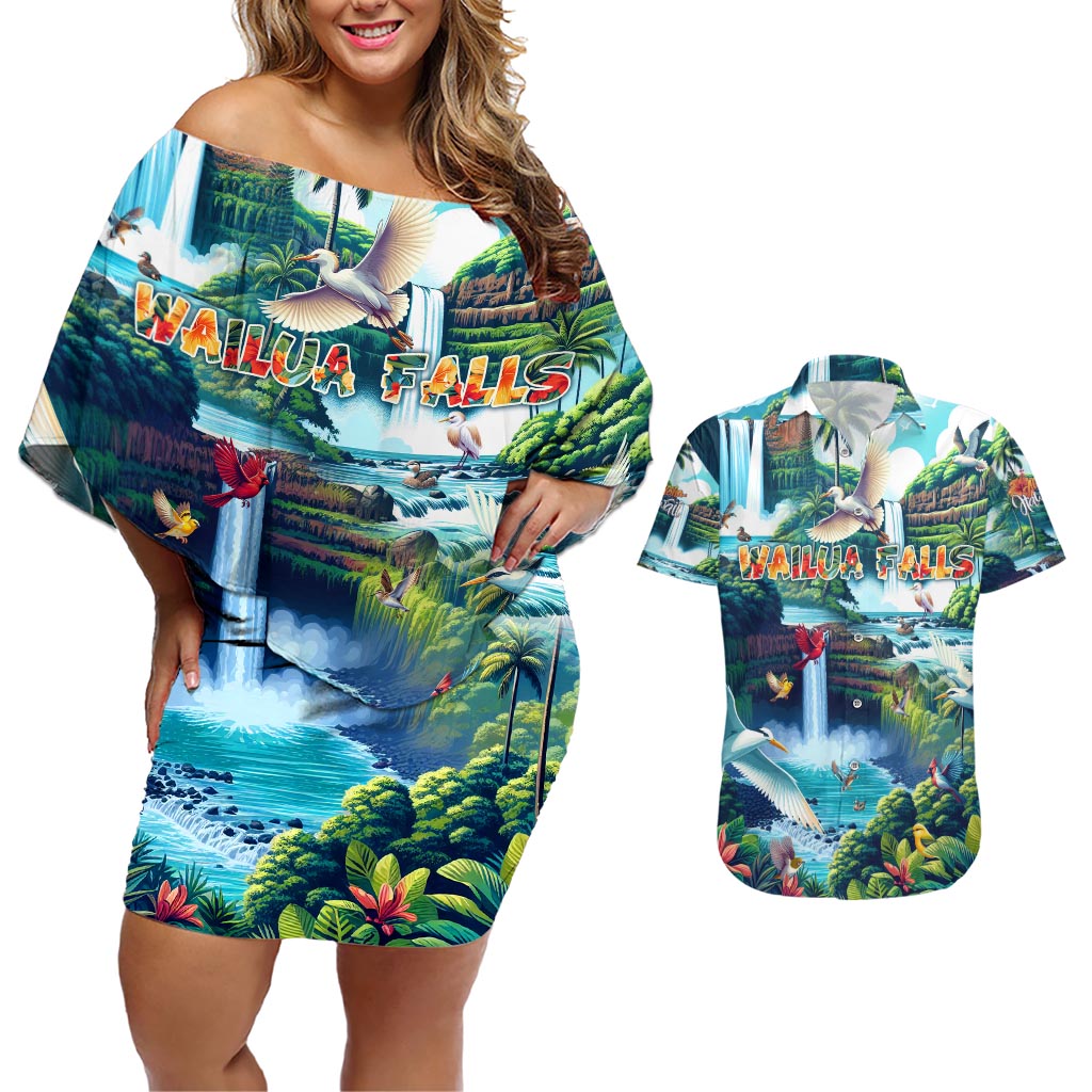 Wailua Falls Hawaii Couples Matching Off Shoulder Short Dress and Hawaiian Shirt Kauai Natural Beauty DT02 Art - Polynesian Pride