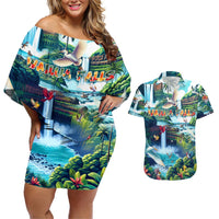 Wailua Falls Hawaii Couples Matching Off Shoulder Short Dress and Hawaiian Shirt Kauai Natural Beauty DT02 Art - Polynesian Pride