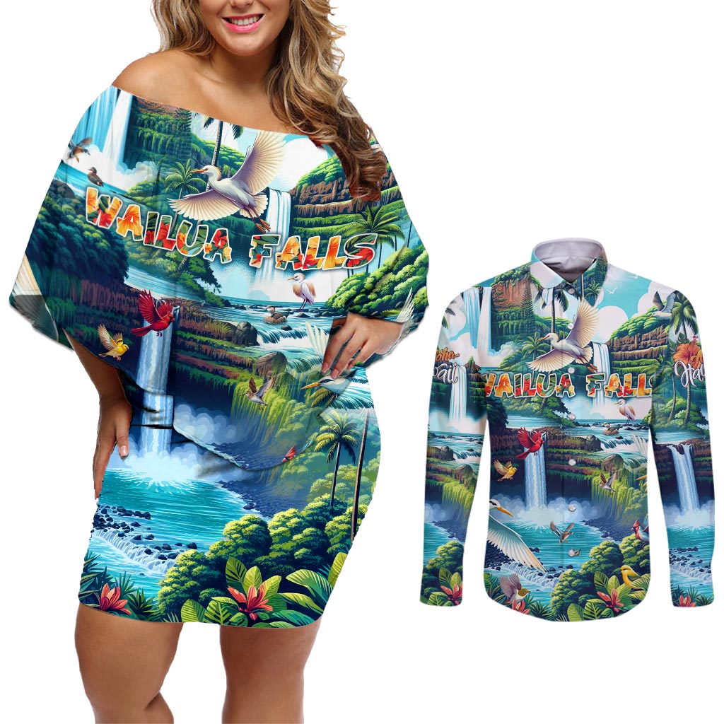 Wailua Falls Hawaii Couples Matching Off Shoulder Short Dress and Long Sleeve Button Shirt Kauai Natural Beauty DT02 Art - Polynesian Pride