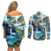 Wailua Falls Hawaii Couples Matching Off Shoulder Short Dress and Long Sleeve Button Shirt Kauai Natural Beauty DT02 - Polynesian Pride