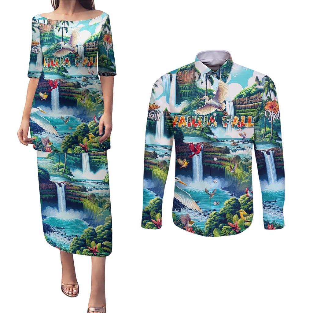 Wailua Falls Hawaii Couples Matching Puletasi and Long Sleeve Button Shirt Kauai Natural Beauty DT02 Art - Polynesian Pride