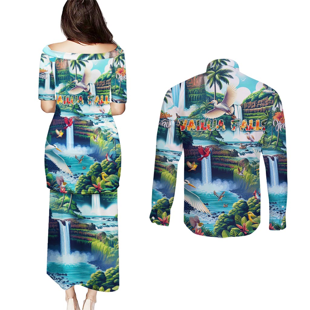 Wailua Falls Hawaii Couples Matching Puletasi and Long Sleeve Button Shirt Kauai Natural Beauty DT02 - Polynesian Pride