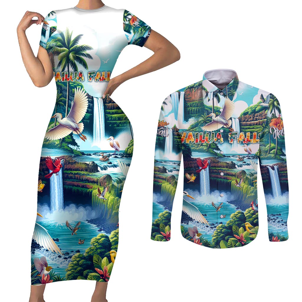 Wailua Falls Hawaii Couples Matching Short Sleeve Bodycon Dress and Long Sleeve Button Shirt Kauai Natural Beauty DT02 Art - Polynesian Pride