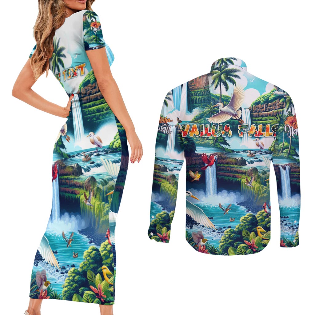Wailua Falls Hawaii Couples Matching Short Sleeve Bodycon Dress and Long Sleeve Button Shirt Kauai Natural Beauty DT02 - Polynesian Pride