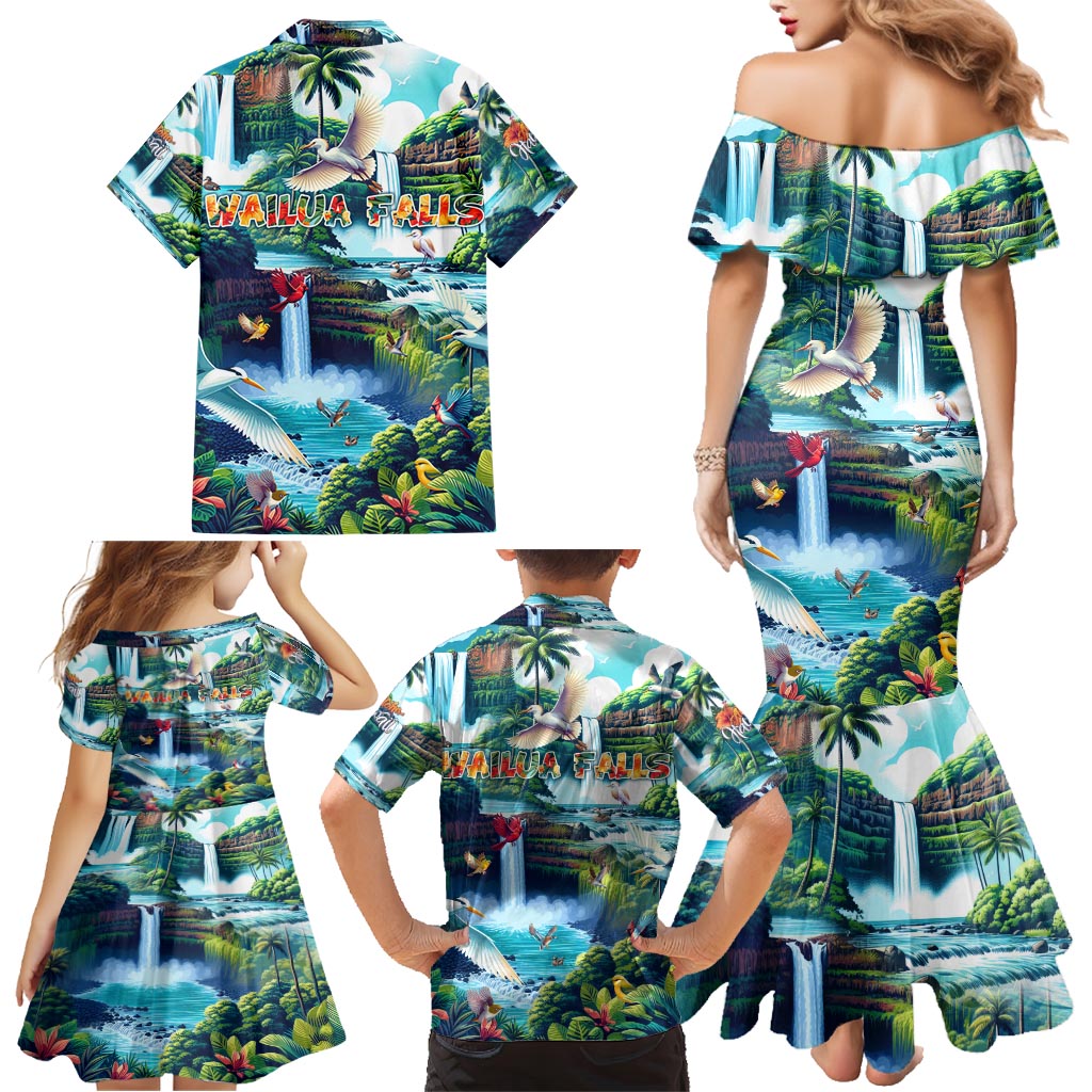 Wailua Falls Hawaii Family Matching Mermaid Dress and Hawaiian Shirt Kauai Natural Beauty
