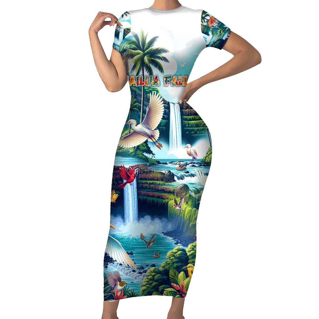 Wailua Falls Hawaii Family Matching Short Sleeve Bodycon Dress and Hawaiian Shirt Kauai Natural Beauty