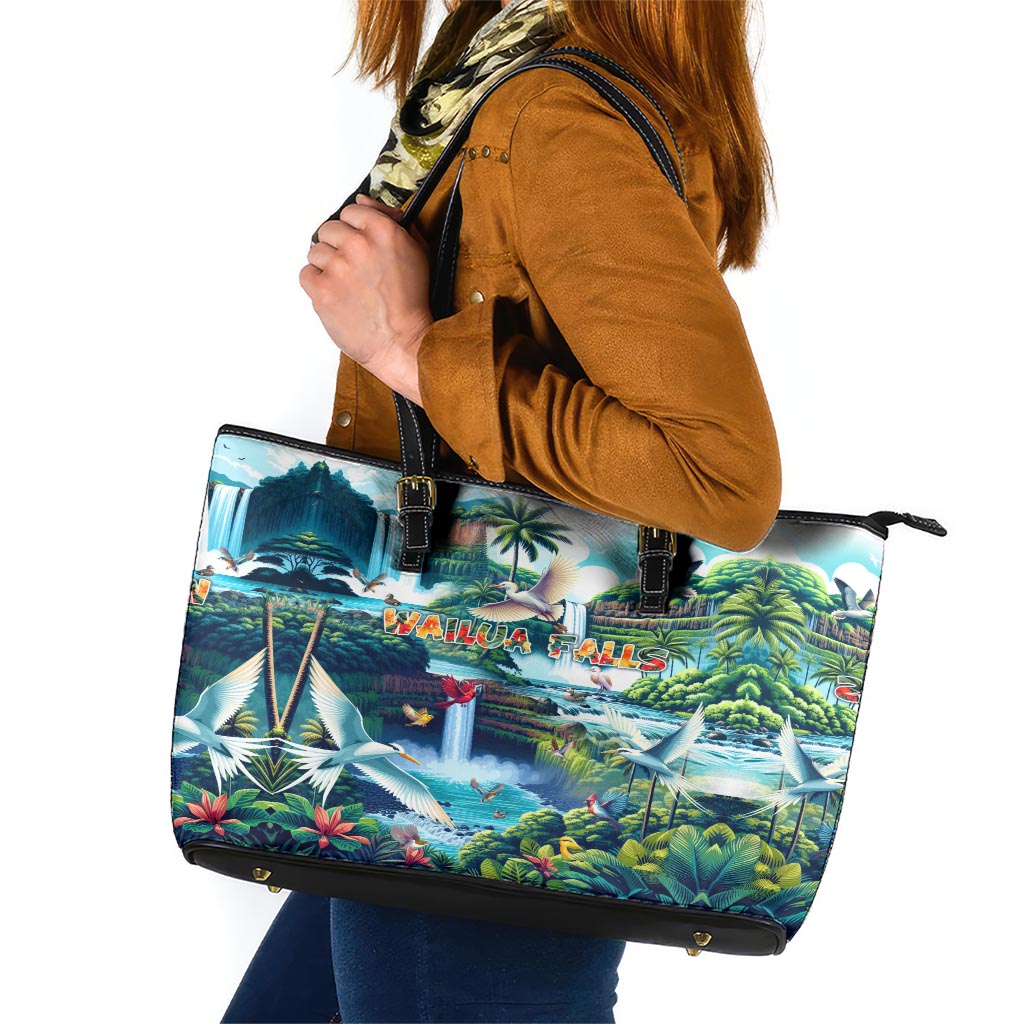 Wailua Falls Hawaii Leather Tote Bag Kauai Natural Beauty DT02 Art - Polynesian Pride