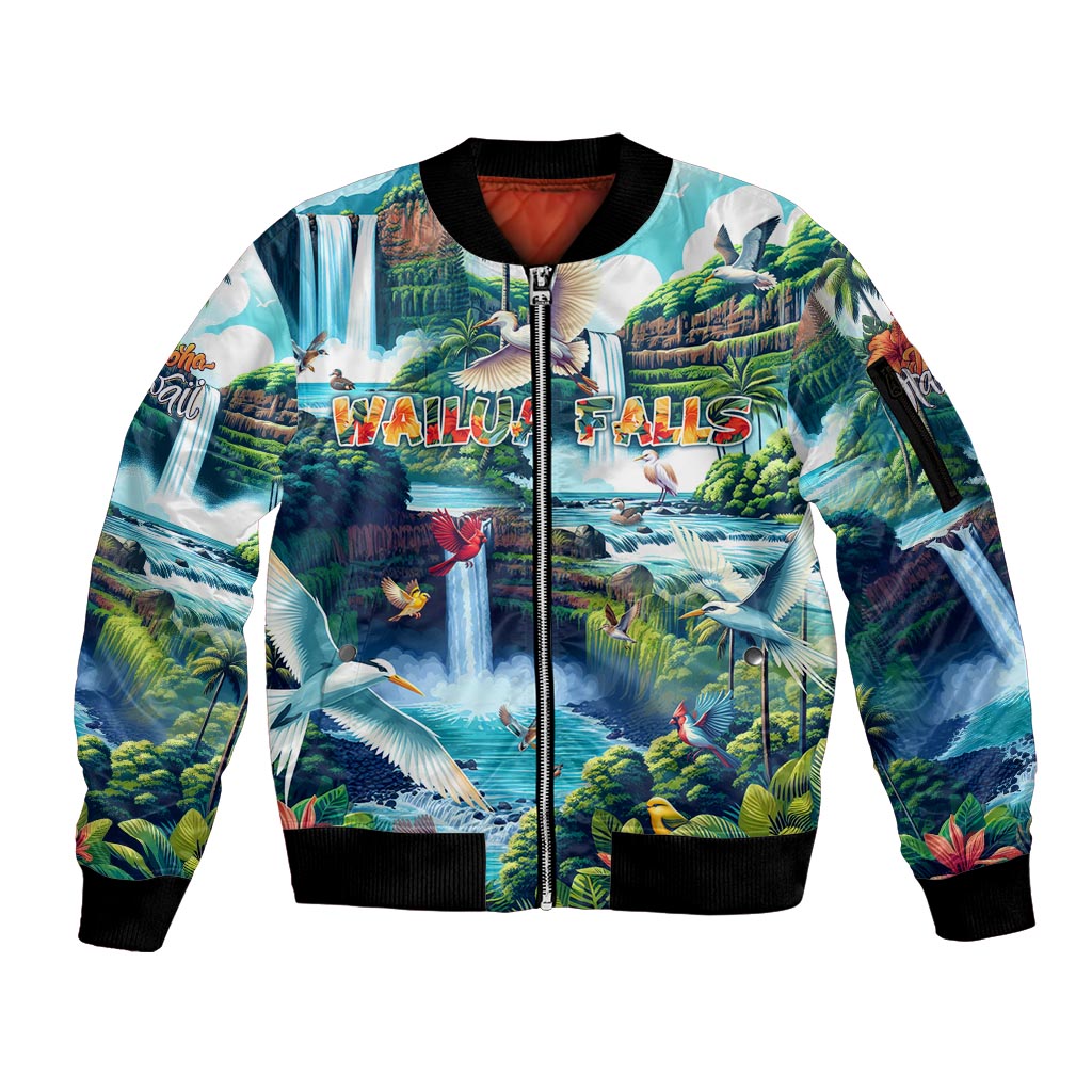 Wailua Falls Hawaii Sleeve Zip Bomber Jacket Kauai Natural Beauty