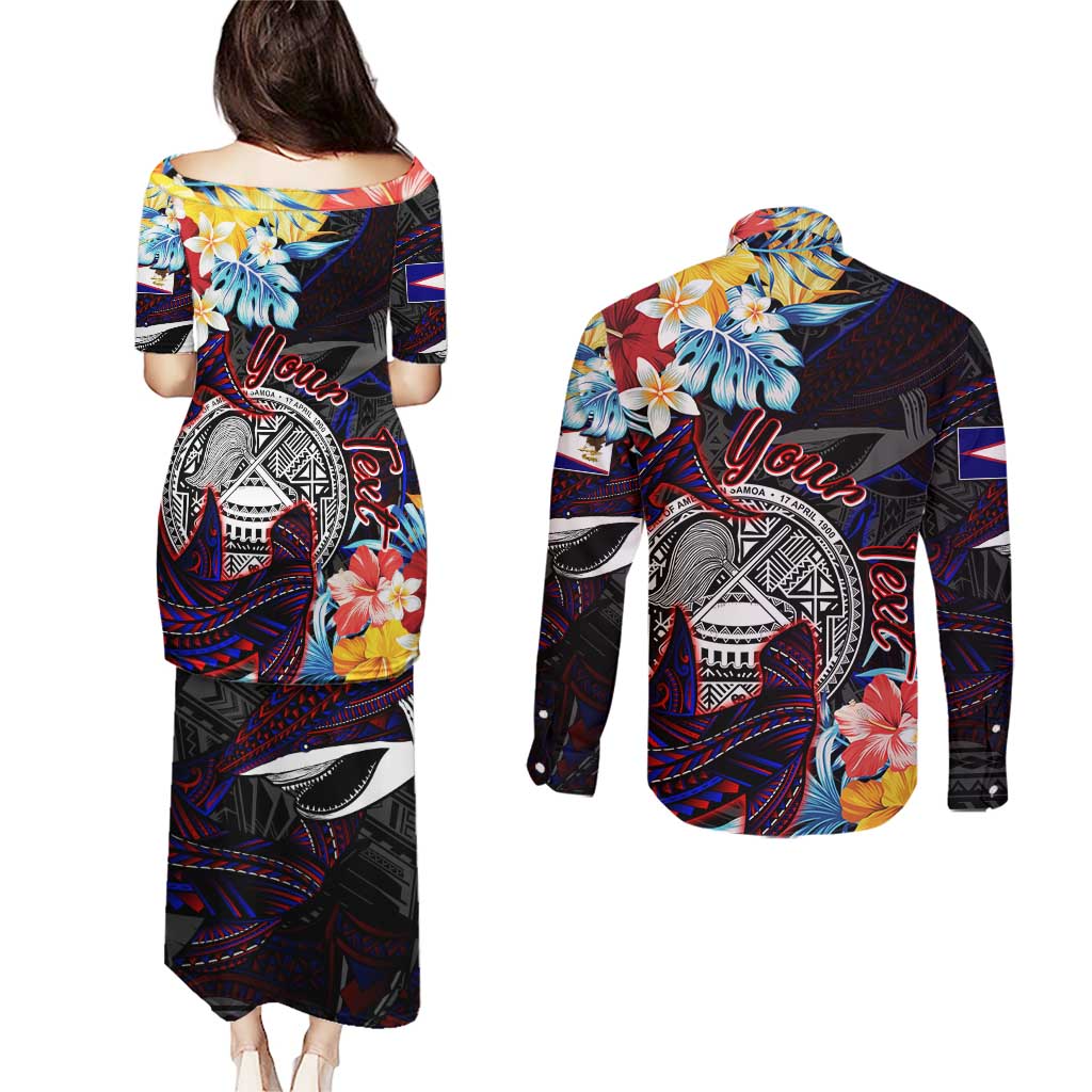 Personalized Amelika Samoa Sharks Polynesia Couples Matching Puletasi and Long Sleeve Button Shirt American Samoa