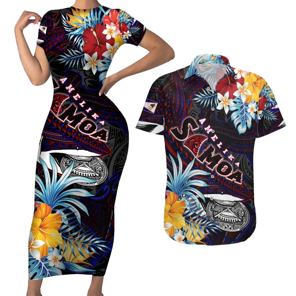 Personalized Amelika Samoa Sharks Polynesia Couples Matching Short Sleeve Bodycon Dress and Hawaiian Shirt American Samoa