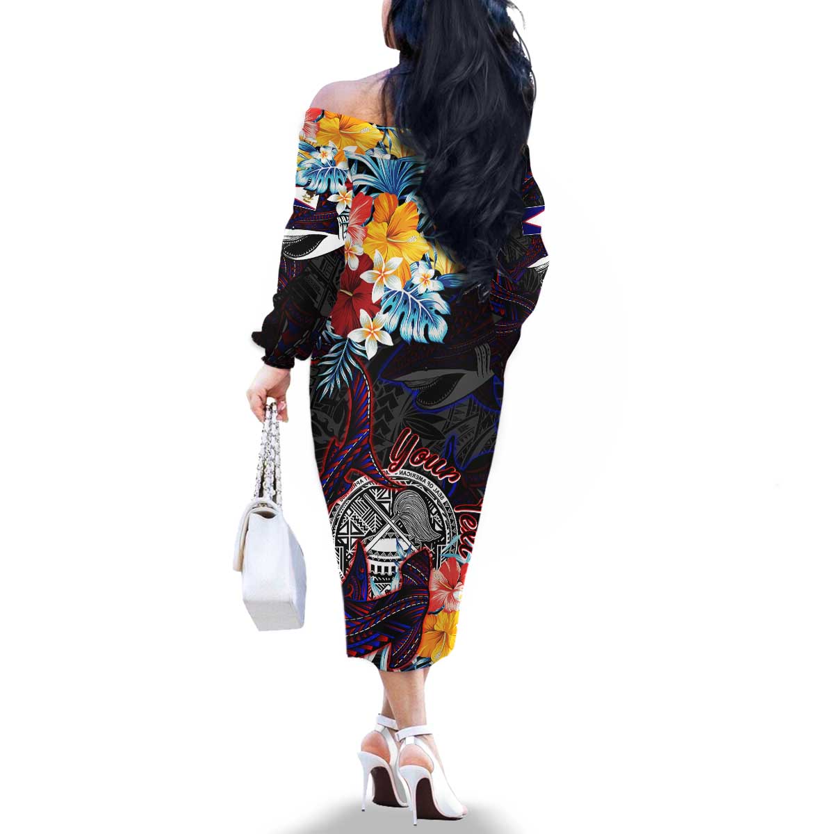 Personalized Amelika Samoa Sharks Polynesia Family Matching Off The Shoulder Long Sleeve Dress and Hawaiian Shirt American Samoa