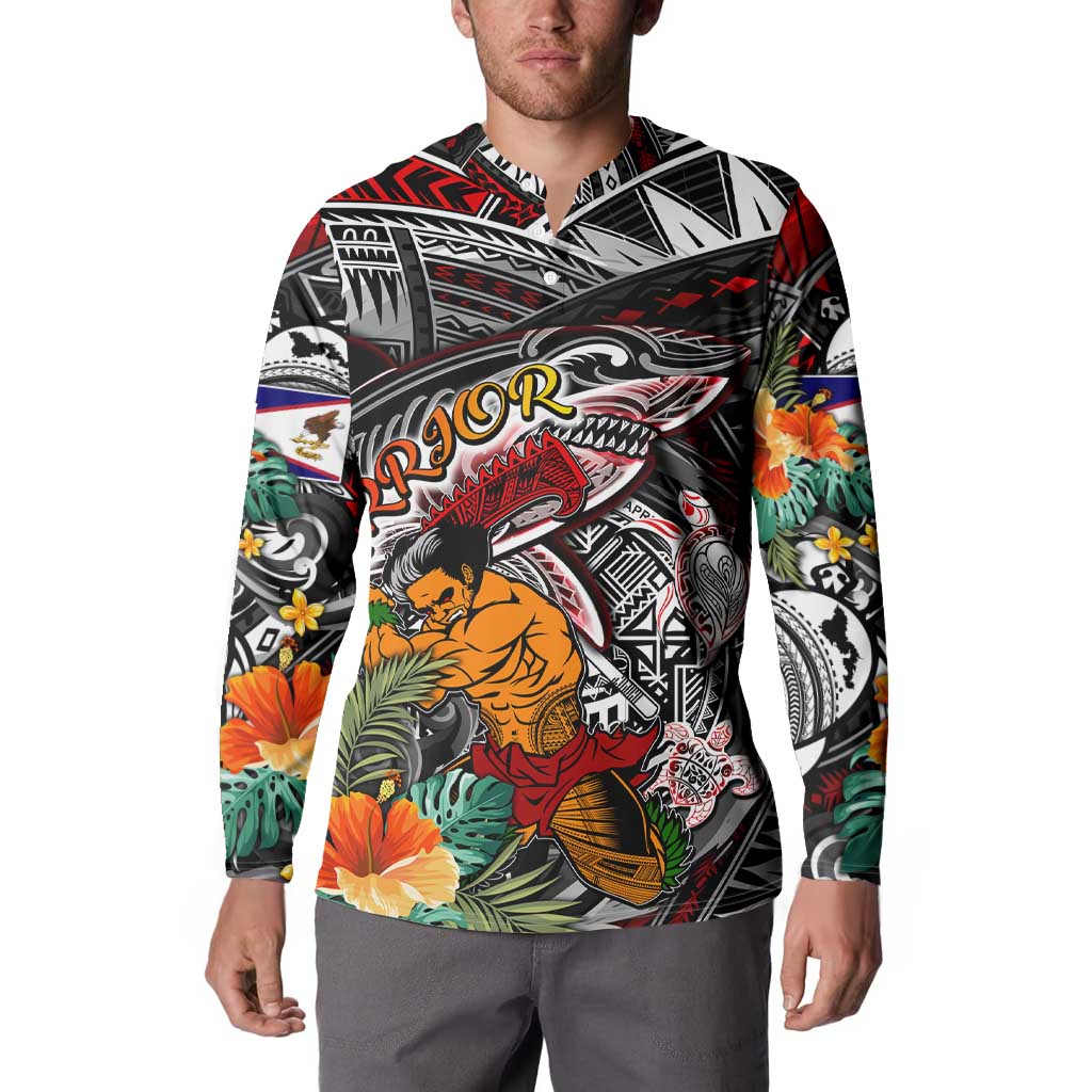 Personalized American Samoa Warrior Button Sweatshirt Shark Turtle Polynesian Tattoo