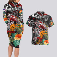 Personalized American Samoa Warrior Couples Matching Long Sleeve Bodycon Dress and Hawaiian Shirt Shark Turtle Polynesian Tattoo