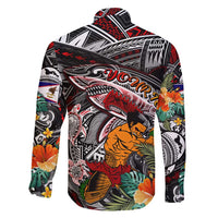 Personalized American Samoa Warrior Family Matching Long Sleeve Bodycon Dress and Hawaiian Shirt Shark Turtle Polynesian Tattoo