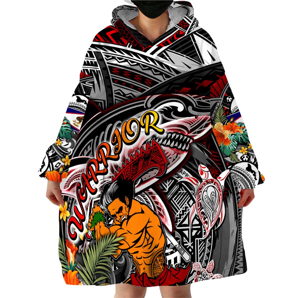 Personalized American Samoa Warrior Wearable Blanket Hoodie Shark Turtle Polynesian Tattoo DT02 - Polynesian Pride