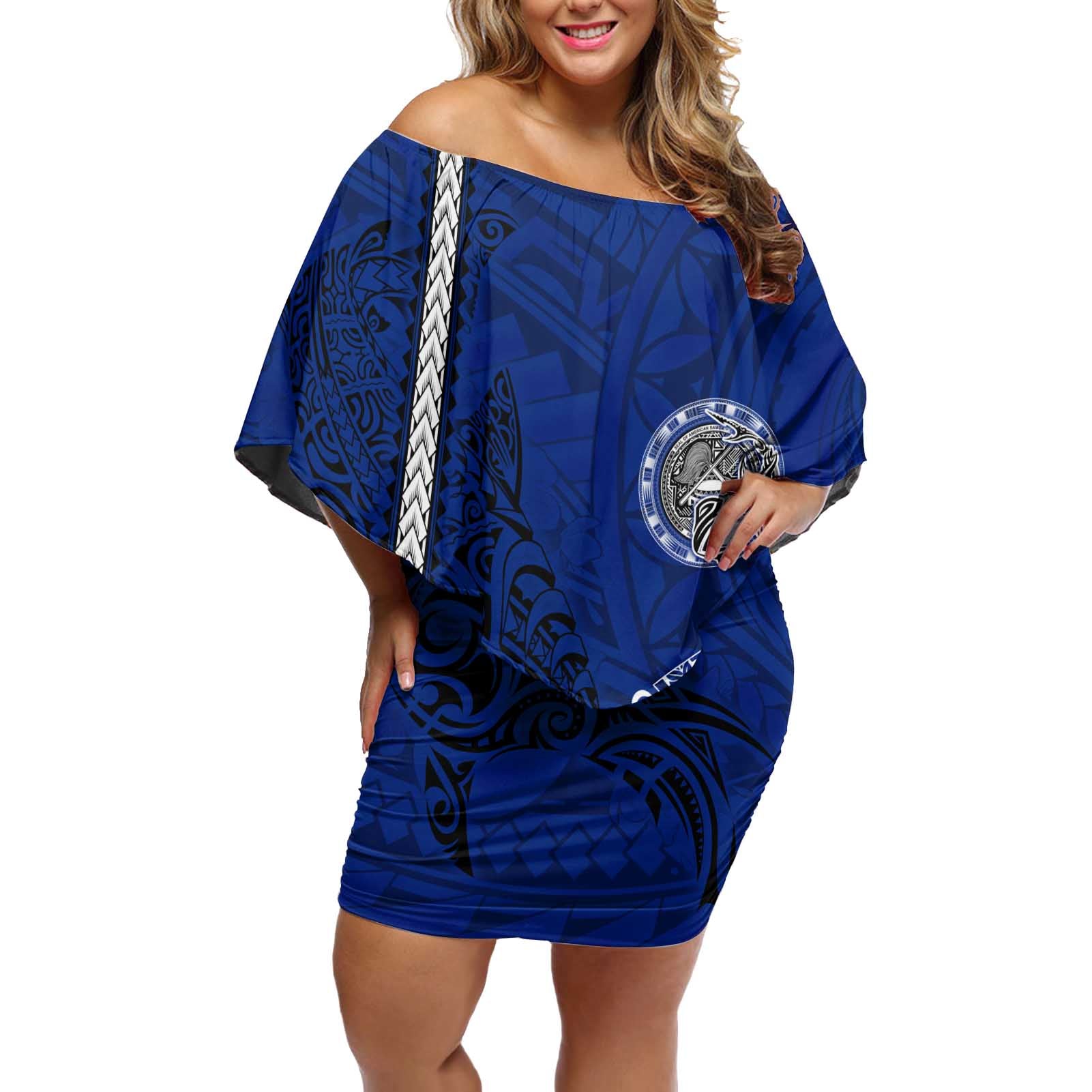 Sharks And American Samoa Off Shoulder Short Dress Simple Polynesian Blue