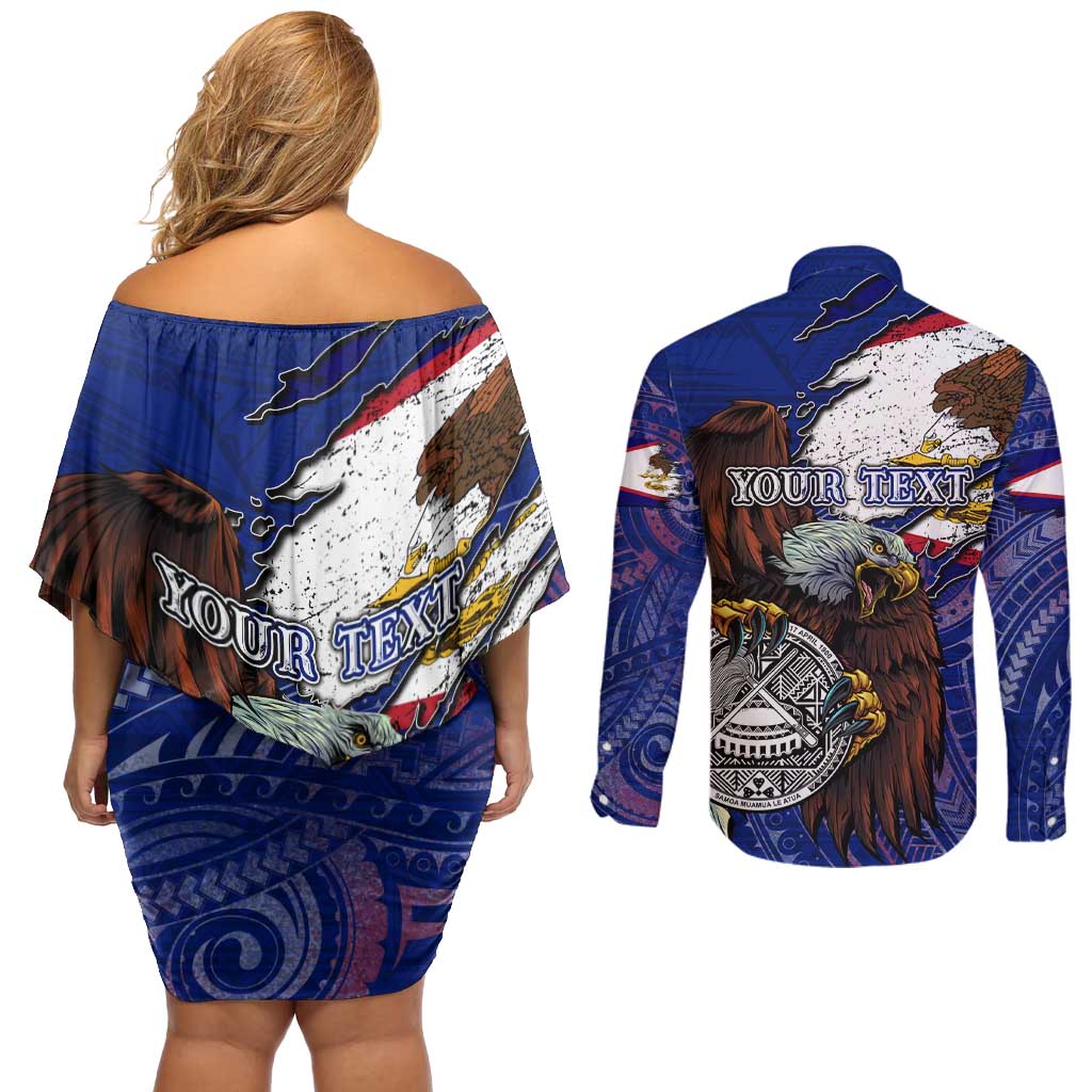 American Samoa Couples Matching Off Shoulder Short Dress and Long Sleeve Button Shirt Brave Eagle Flag Color