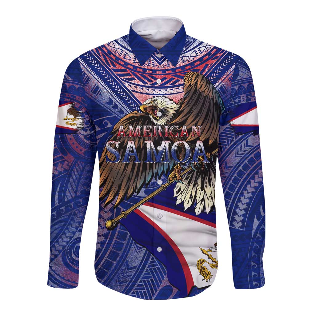 American Samoa Long Sleeve Button Shirt Brave Eagle Flag Color DT02 Unisex Blue - Polynesian Pride