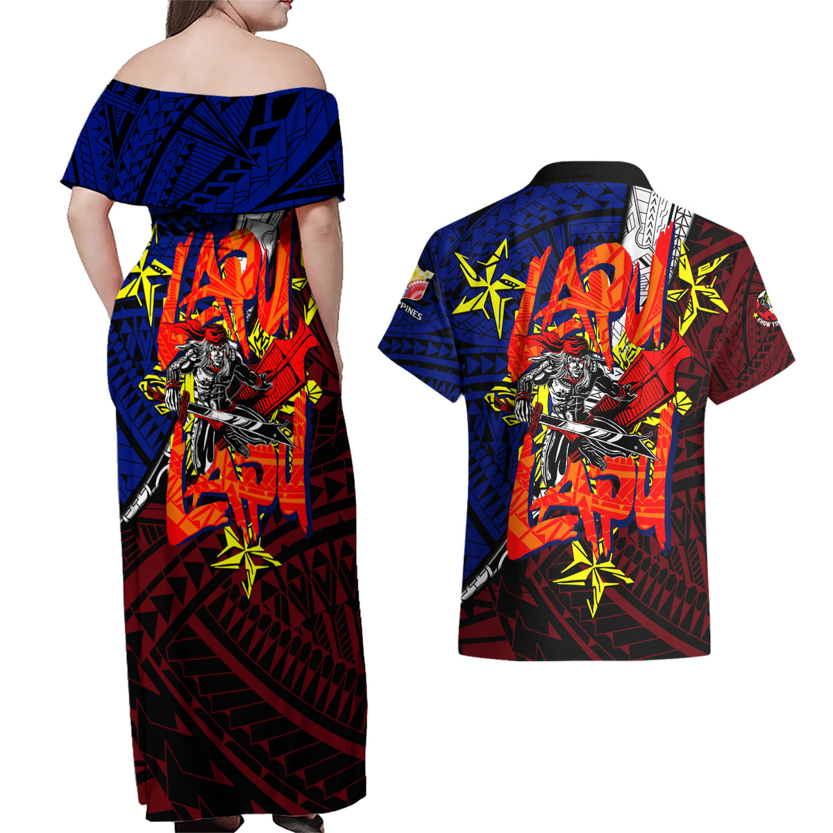 Philippines Lapu Lapu Couples Matching Off Shoulder Maxi Dress and Hawaiian Shirt Chief Filipino Tattoo DT02 - Polynesian Pride