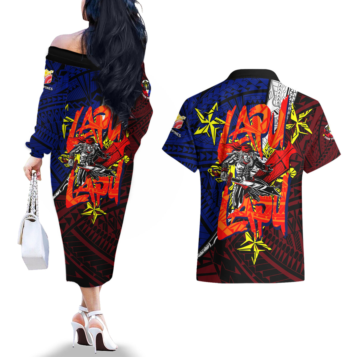 Philippines Lapu Lapu Couples Matching Off The Shoulder Long Sleeve Dress and Hawaiian Shirt Chief Filipino Tattoo DT02 - Polynesian Pride