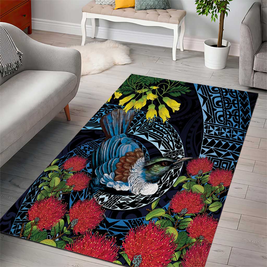 New Zealand Tui Bird Area Rug Maori Koru Mix Pohutukawa